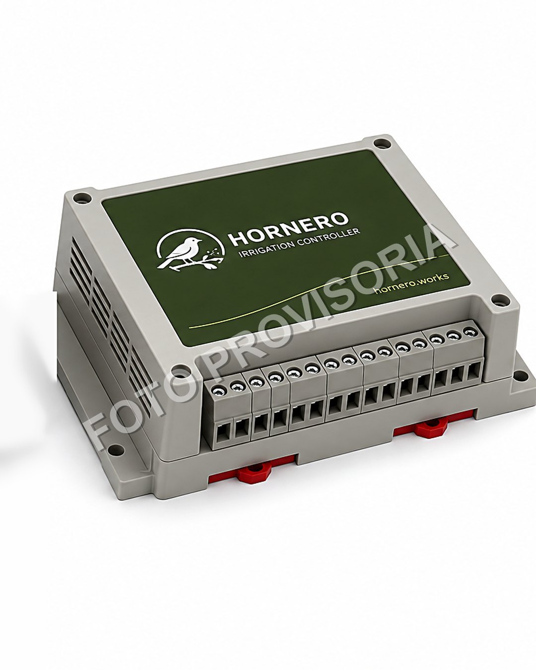 Controlador Hornero con su etiqueta verde, bornera de conexiones y montaje para riel DIN